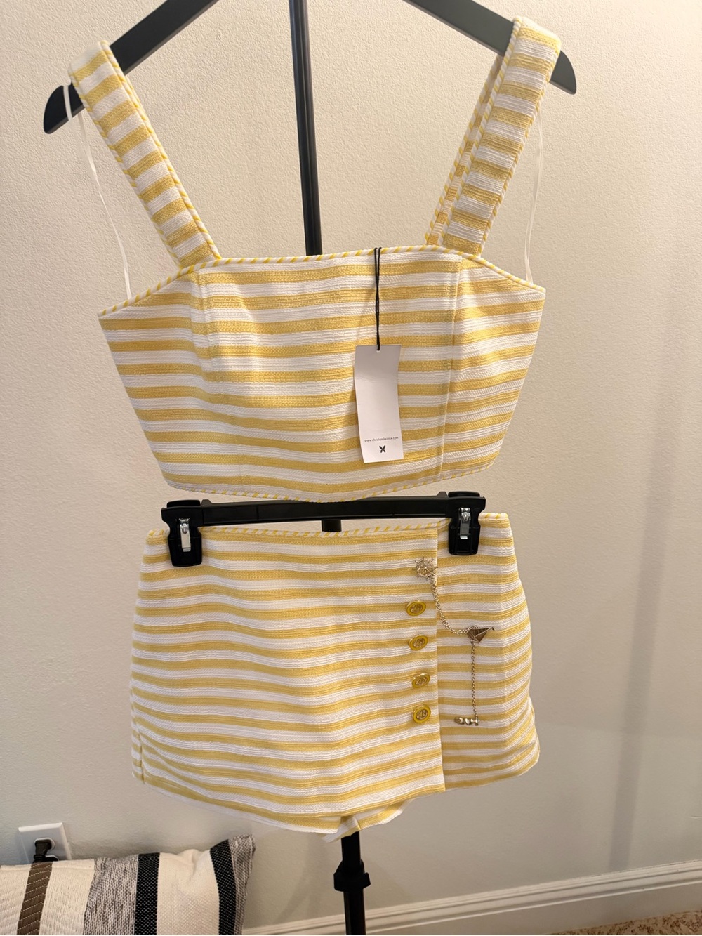 Christian Lacroix Yellow and White Striped Crop Top & Skort Set